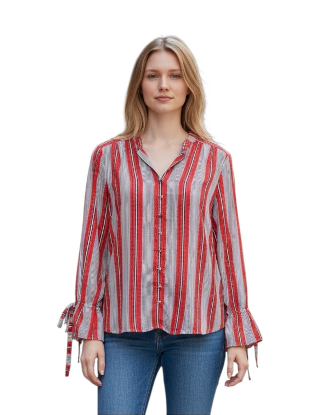 Ann Taylor LOFT Red Navy Olive Green Bell Sleeve Blouse with Mandarin Collar